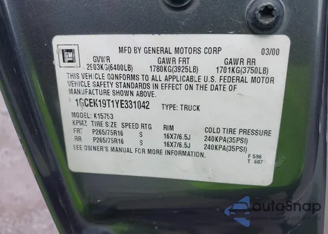 2000 Chevrolet Silverado 1500 Ls from USA, damaged, VIN 1GCEK19T1YE331042